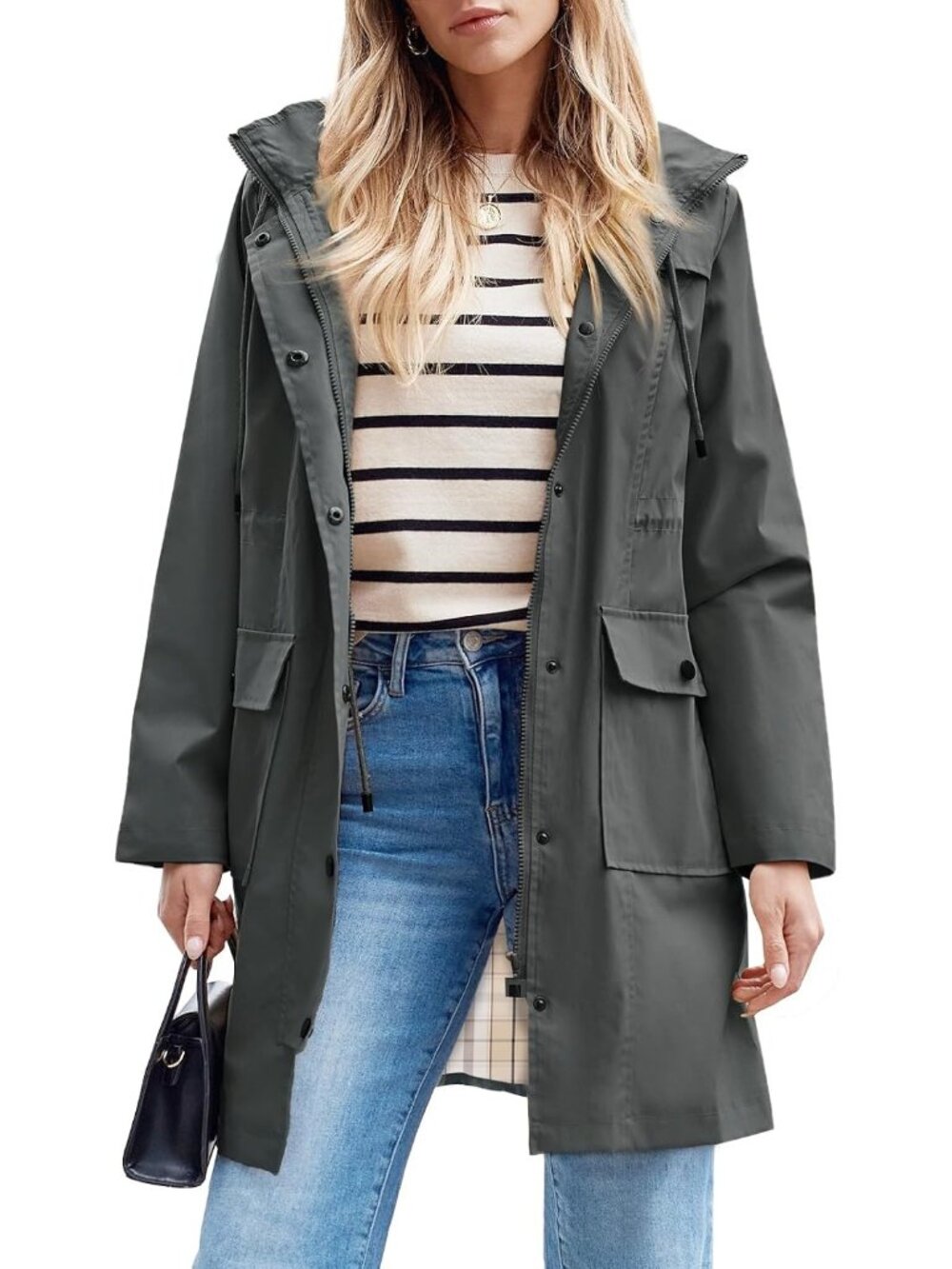 Women's Grey 100% Polyester Hooded Long Waterproof Packable Trench Rain Coat